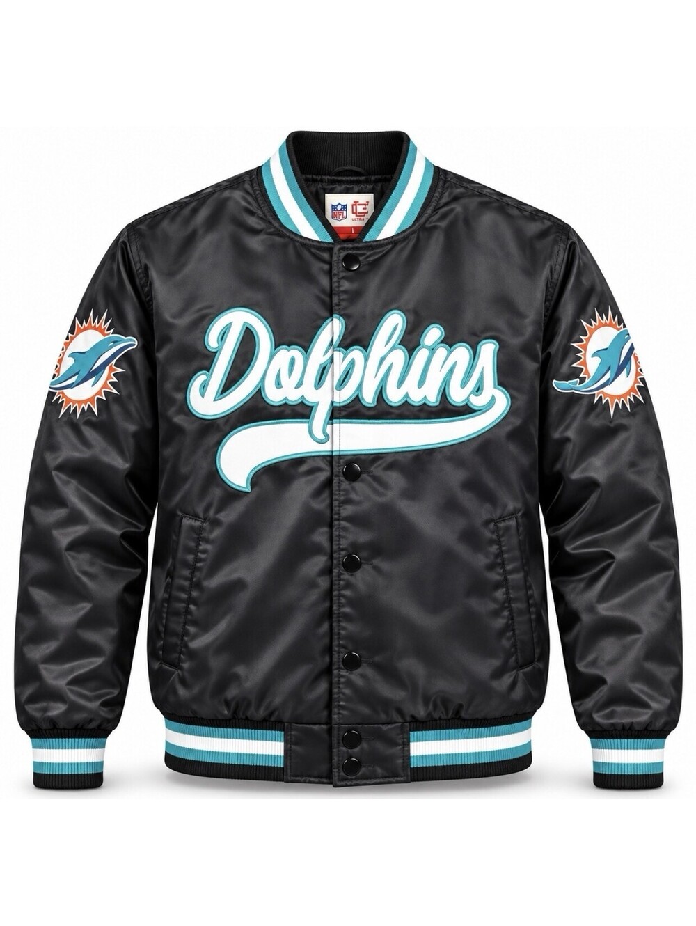Miami Dolphins Ultra Game Satin Jacket Men’s Large Black Aqua NFL Bomber New